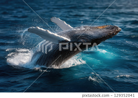 Majestic humpback whale breaches the surface of the ocean 129352041