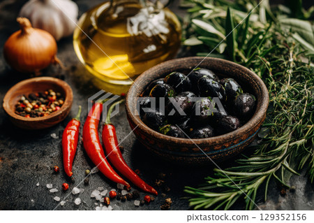 Fresh olives and herbs arranged in a ceramic bowl 129352156