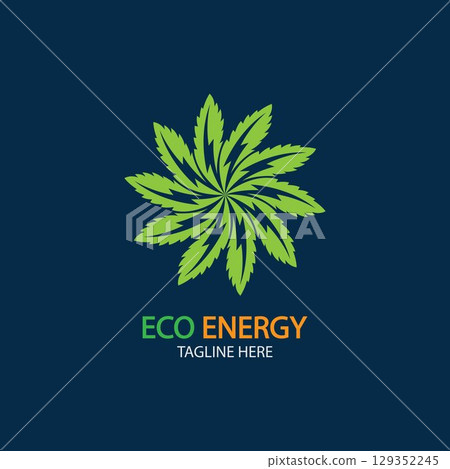 Eco Energy Vector Logo with leaf symbol. Green color with flash or thunder graphic. Nature and electricity renewable. This logo is suitable for technology, recycle, organic. 129352245