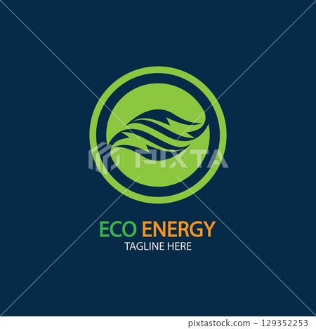 Eco Energy Vector Logo with leaf symbol. Green color with flash or thunder graphic. Nature and electricity renewable. This logo is suitable for technology, recycle, organic. 129352253