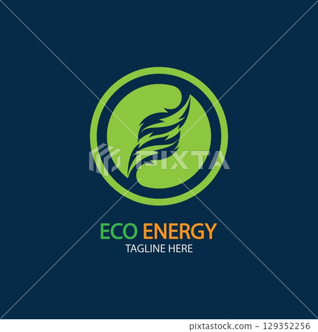 Eco Energy Vector Logo with leaf symbol. Green color with flash or thunder graphic. Nature and electricity renewable. This logo is suitable for technology, recycle, organic. 129352256