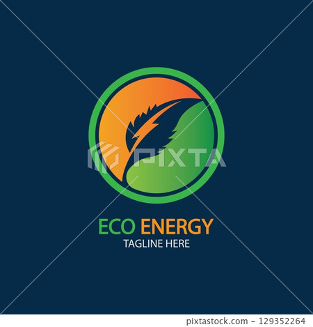 Eco Energy Vector Logo with leaf symbol. Green color with flash or thunder graphic. Nature and electricity renewable. This logo is suitable for technology, recycle, organic. 129352264