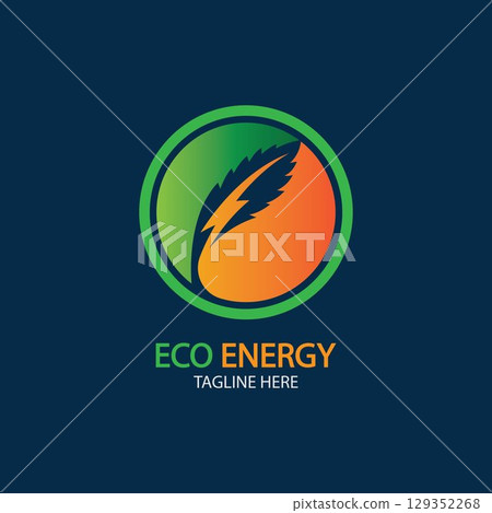 Eco Energy Vector Logo with leaf symbol. Green color with flash or thunder graphic. Nature and electricity renewable. This logo is suitable for technology, recycle, organic. 129352268