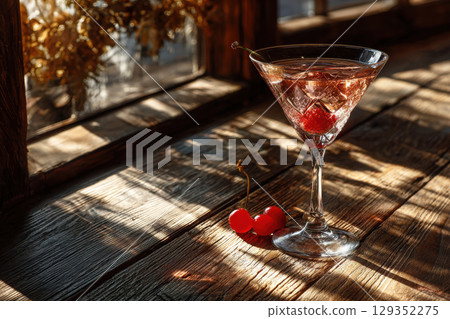 Delicate pink cocktail in a martini glass with cherry garnish 129352275