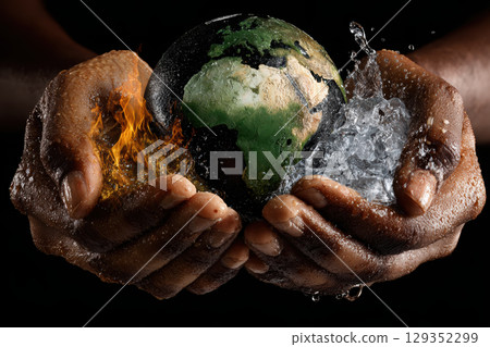 Global balance depicted by hands of nations over elements 129352299
