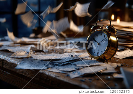 Morning chaos from a ringing alarm clock on a messy desk 129352375