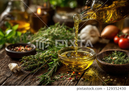 Drizzling olive oil over fresh herbs and vegetables in a kitchen 129352430