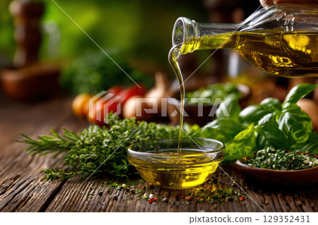 Veggies and herbs in olive oil, rustic kitchen vibes 129352431