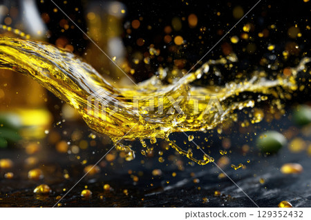 Olive oil splash captured in dynamic motion against dark backdrop 129352432