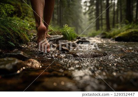 Bare feet immerse in the cool waters of a forest creek 129352447