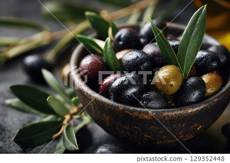 Black and green olives in a ceramic bowl with olive leaves Black and green olives in a ceramic bowl with olive leaves 129352448