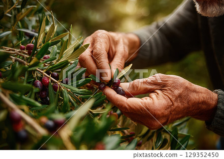Harvesting olives with care in soft natural light Harvesting olives with care in soft natural light 129352450