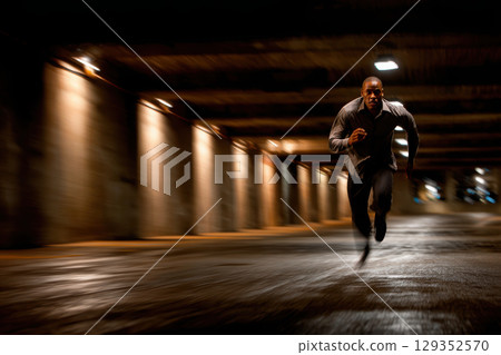 Man running through a dimly lit parking garage in a suit 129352570