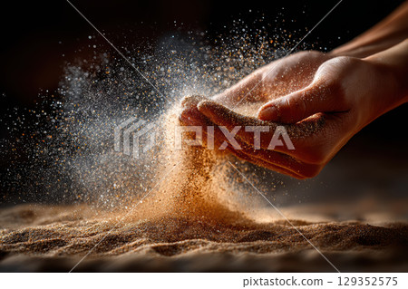 Fingers grasping the fleeting grains of sand in dramatic lighting 129352575