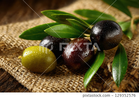 Colors and textures of fresh olives on a burlap cloth 129352576
