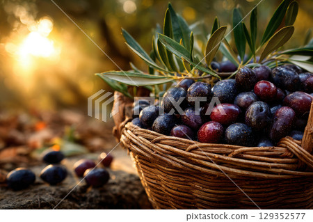 Harvesting olives in a traditional basket under warm sunlight 129352577