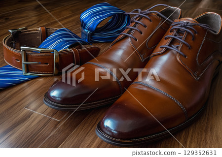 Stylish men's shoes, tie, and belt arranged on wooden floor 129352631