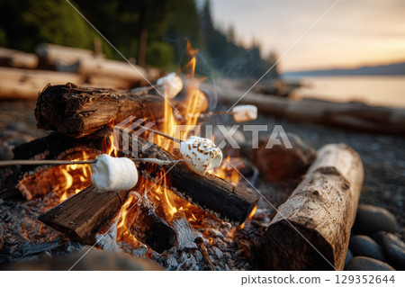 Campfire gathering at the beach with marshmallow roasting Campfire gathering at the beach with marshmallow roasting 129352644