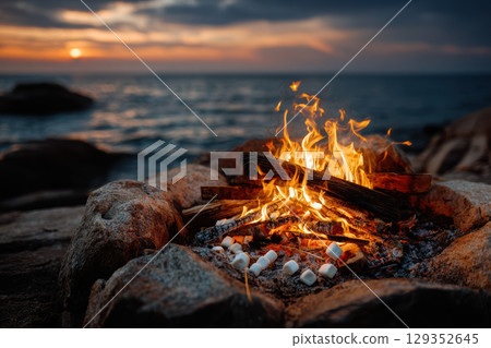 Summer campfire on the beach with friends roasting marshmallows Summer campfire on the beach with friends roasting marshmallows 129352645