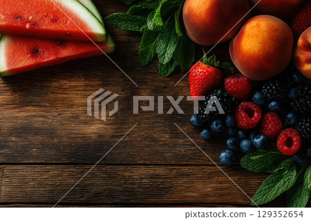 Summer fruits arranged on rustic wooden table for a fresh feast Summer fruits arranged on rustic wooden table for a fresh feast 129352654