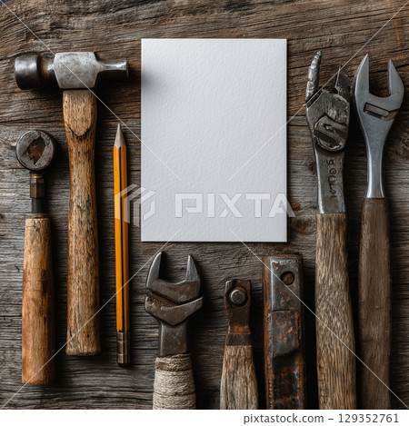 Flat lay of tools and blank card on rustic wooden backdrop Flat lay of tools and blank card on rustic wooden backdrop 129352761