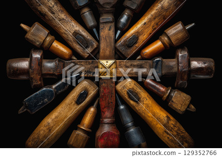 Tools arranged in symmetrical design on dark surface 129352766