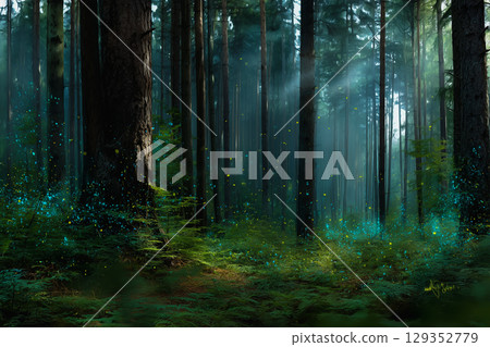 Mystical forest filled with glowing plants and fireflies Mystical forest filled with glowing plants and fireflies 129352779