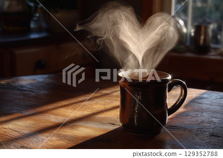 Steam rising from coffee mug creates heart shape in cozy setting 129352788