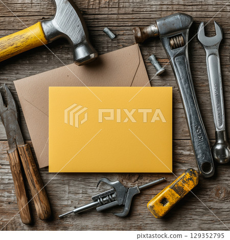 Flat lay tools and greeting card on wooden surface Flat lay tools and greeting card on wooden surface 129352795