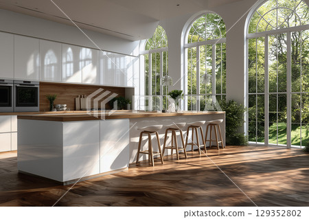 Modern kitchen bathed in sunlight with minimalistic design Modern kitchen bathed in sunlight with minimalistic design 129352802