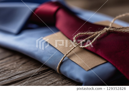 Neatly folded dress shirt with a paper tie on top Neatly folded dress shirt with a paper tie on top 129352826