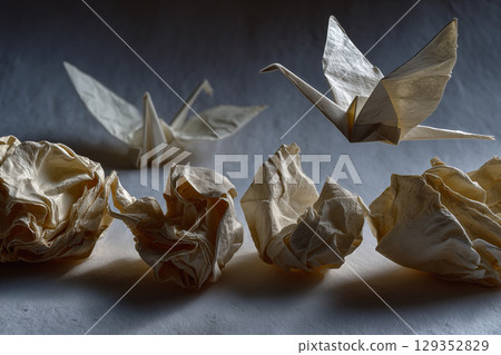 Transformation of crumpled paper into origami crane sequence Transformation of crumpled paper into origami crane sequence 129352829
