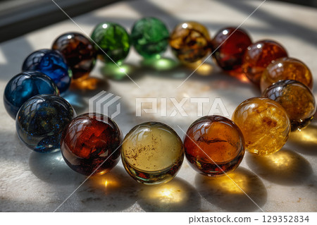 Translucent spheres create rainbow shadows in spiral arrangement Translucent spheres create rainbow shadows in spiral arrangement 129352834