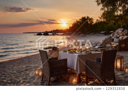 Romantic sunset dining on the beach with seafood risotto Romantic sunset dining on the beach with seafood risotto 129352838