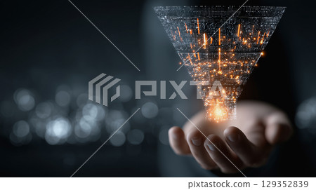 Hands present a marketing funnel with digital data overlay Hands present a marketing funnel with digital data overlay 129352839