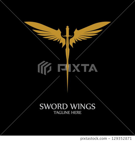 Sword with Wings. Golden Sword Symbol on Black Background. 129352871
