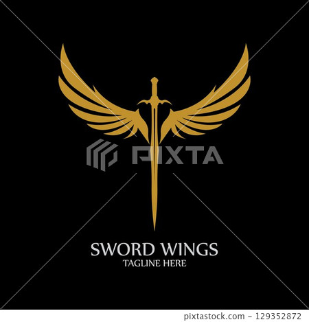 Sword with Wings. Golden Sword Symbol on Black Background. Sword with Wings. Golden Sword Symbol on Black Background. 129352872