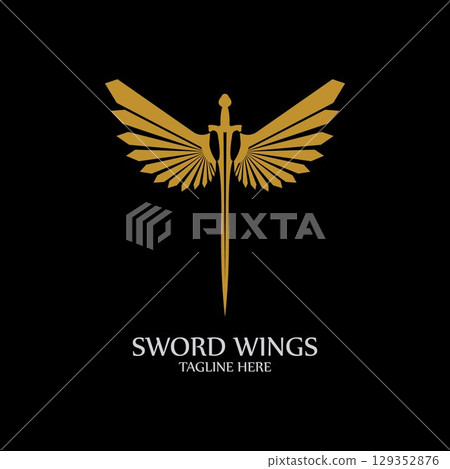 Sword with Wings. Golden Sword Symbol on Black Background. Sword with Wings. Golden Sword Symbol on Black Background. 129352876