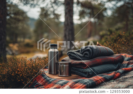 Camping gear neatly arranged on a blanket in a forest clearing Camping gear neatly arranged on a blanket in a forest clearing 129353000
