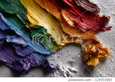 Abstract strokes of vibrant pride colors on canvas surface 129353063