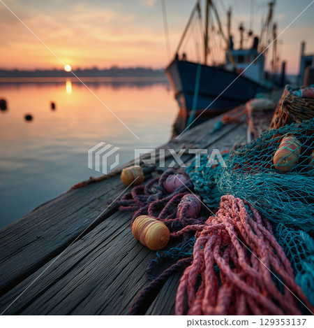 Fishing gear arranged on a dock at sunrise by the water 129353137