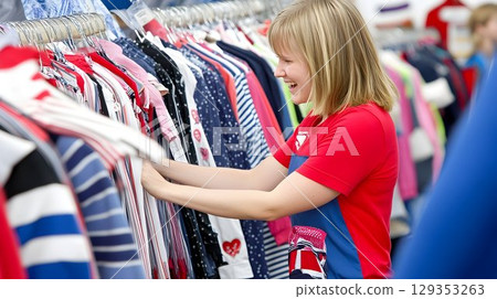 Woman shopping retail clothing selection 129353263