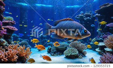 美麗的珊瑚礁海底世界，五彩繽紛的熱帶魚暢遊 129353723