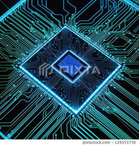 A cyber background with a blue glowing CPU and expanding circuits that represents the future A cyber background with a blue glowing CPU and expanding circuits that represents the future 129353730