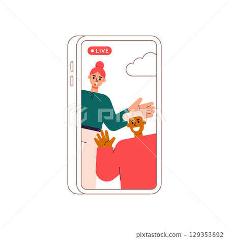Flat style illustration of influencer character live streaming. Real-time communication, social media interaction, and online engagement. Vector illustration. 129353892