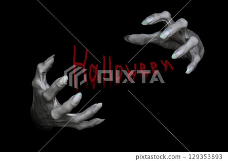 Bony pale male monsters hands with sharp nails and lettering Halloween between them, isolated on black. Bony pale male monsters hands with sharp nails and lettering Halloween between them, isolated on black. 129353893