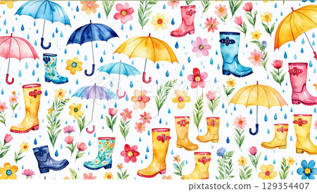 A watercolor background with umbrellas, boots, and flowers that evokes the rainy season 129354407