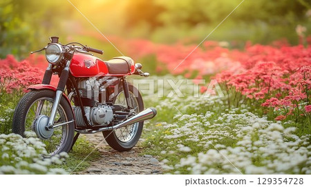Classic Red Motorcycle Parked Amidst a Field of Colorful Wildflo 129354728