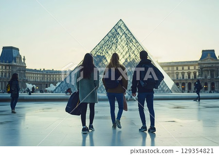 Young adults exploring glass pyramid landmark travel photography 129354821