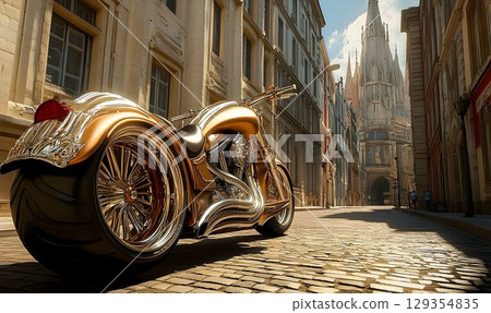Gleaming Gold Motorcycle on Cobblestone Street with Distant Goth 129354835